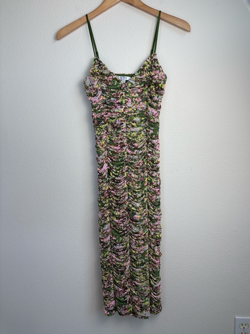 AFRM Azula Ruched Mesh Bodycon Midi Dress Olive Floral XS Style AED020878